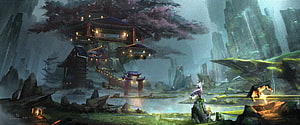 Genshin Impact Fantasy Landscape with Traditional Pavilion and Misty Mountains HD wallpaper
