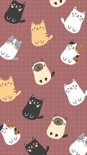 Cute Cartoon Cat Pattern Wallpaper with Kawaii Kittens on Grid Background HD phone wallpaper