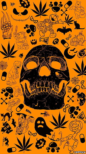Psychedelic Halloween Skull Illustration with Cannabis Leaves and Spooky Icons HD phone wallpaper