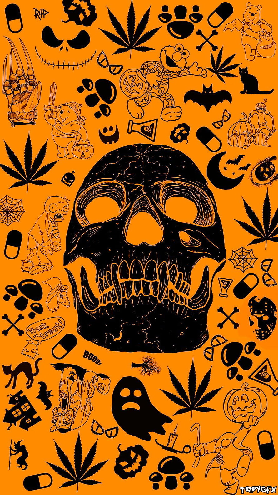Psychedelic Halloween Skull Illustration with Cannabis Leaves and Spooky Icons HD phone wallpaper