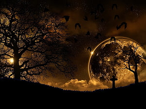 Spooky Halloween Night with Giant Moon, Bats, and Graveyard Silhouette HD wallpaper