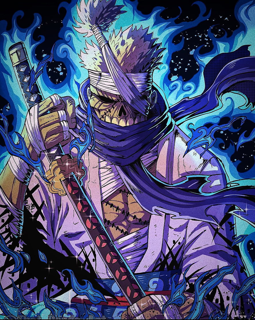 Killer from Chainsaw Man wielding a katana with blue flames and skull mask anime wallpaper, Shimotsuki ryuma, enma, luffy, onepiece HD phone wallpaper