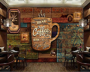 Vintage Rustic Cafe Interior With Large Wooden Coffee Cup Wall Art And Patterned Mural HD wallpaper