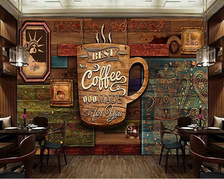 Vintage Rustic Cafe Interior With Large Wooden Coffee Cup Wall Art And Patterned Mural HD wallpaper