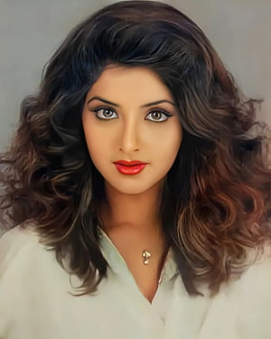 Divya Bharti Portrait with Voluminous Curls and Classic Red Lipstick HD phone wallpaper