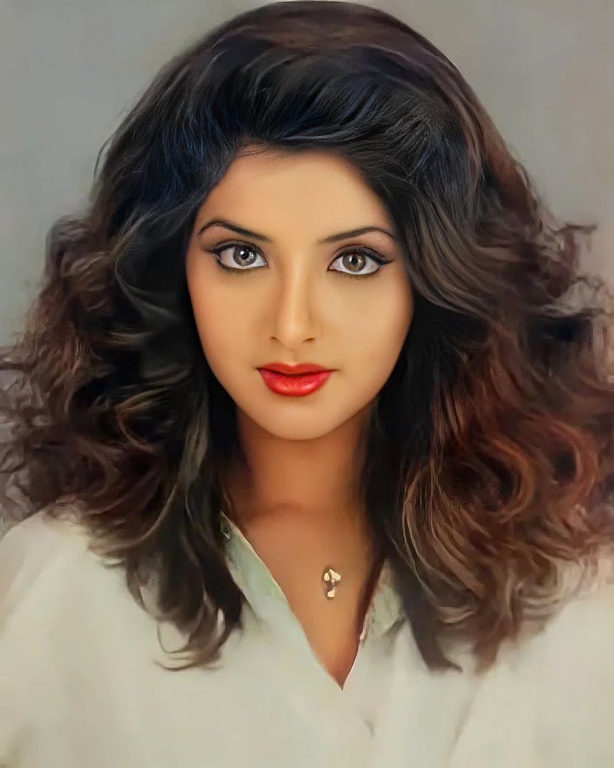 Divya Bharti Portrait with Voluminous Curls and Classic Red Lipstick HD phone wallpaper