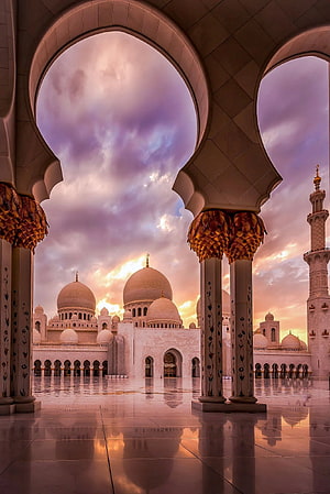 Sheikh Zayed Grand Mosque Abu Dhabi at Sunset with Purple Sky and Reflections HD phone wallpaper