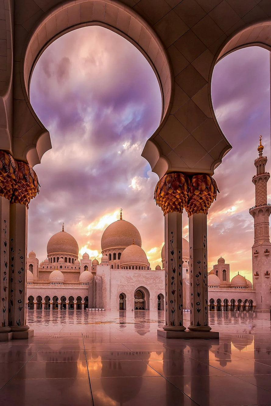 Sheikh Zayed Grand Mosque Abu Dhabi at Sunset with Purple Sky and Reflections HD phone wallpaper