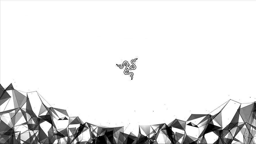 Minimalist Razer Logo on White Background with Geometric Low Poly Mountain Landscape HD wallpaper