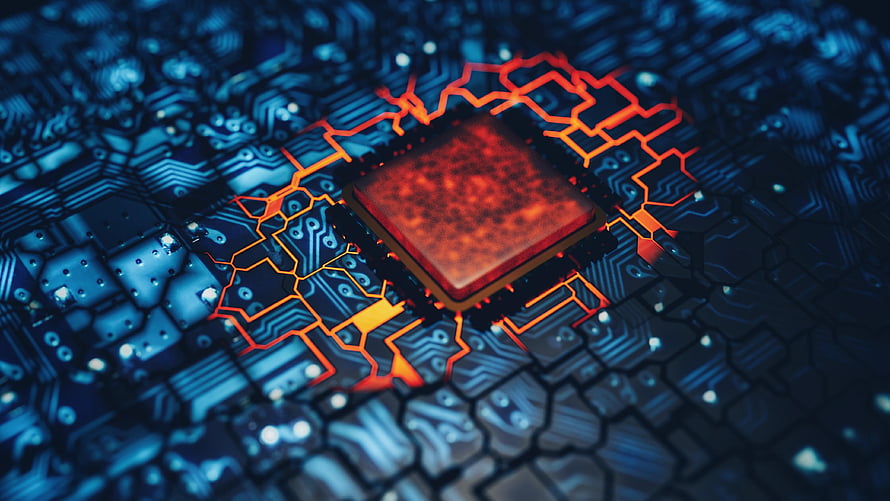 Glowing Red Microprocessor on Blue Circuit Board with Orange Traces HD wallpaper