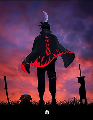 Madara Uchiha standing in Akatsuki cloak against sunset sky with Akamaru HD phone wallpaper