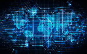 Glowing Blue Digital World Map with Circuit Board Network Connections HD wallpaper