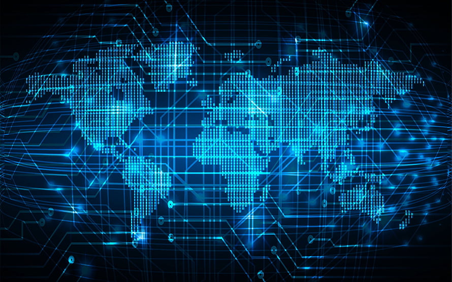Glowing Blue Digital World Map with Circuit Board Network Connections HD wallpaper