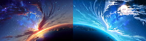Split View of Earth's Horizon with Dramatic Sunrise and Moonlit Night Sky HD wallpaper
