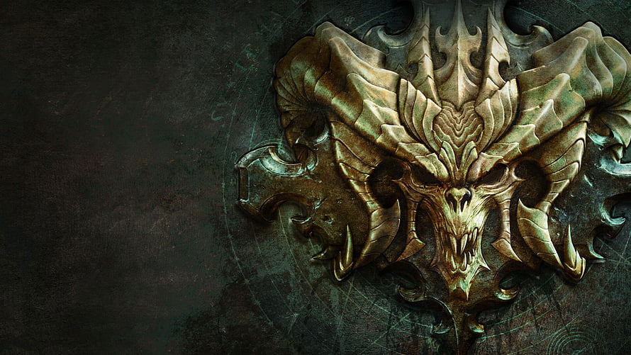 Diablo 4 Ornate Golden Demon Mask Emblem on Dark Textured Stone Background HD wallpaper
