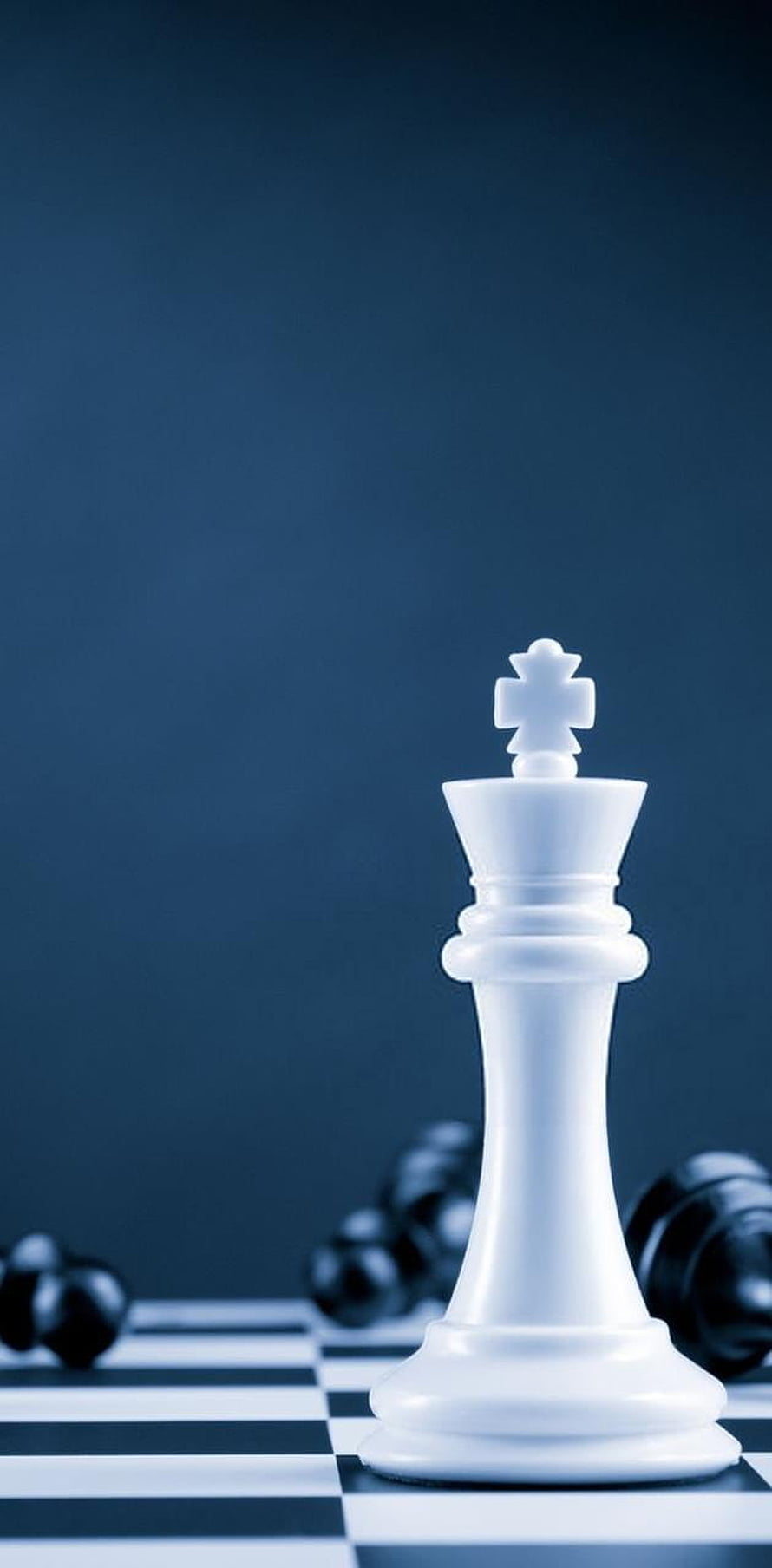 White Chess King Piece Standing on a Blue Tinted Checkered Board HD phone wallpaper