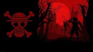 One Piece Straw Hat Pirates Jolly Roger with Luffy Silhouette in Dark Red Forest HD wallpaper