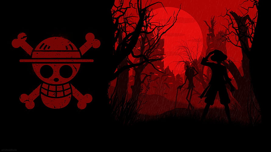 One Piece Straw Hat Pirates Jolly Roger with Luffy Silhouette in Dark Red Forest HD wallpaper