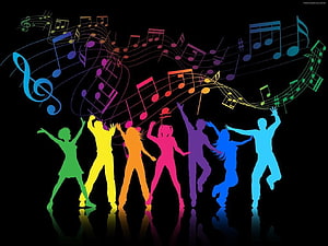 Vibrant Silhouettes Dancing Beneath Flowing Rainbow Musical Notes on Black Background HD wallpaper