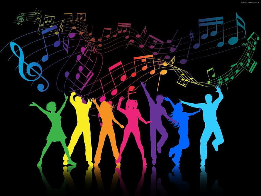 Vibrant Silhouettes Dancing Beneath Flowing Rainbow Musical Notes on Black Background HD wallpaper