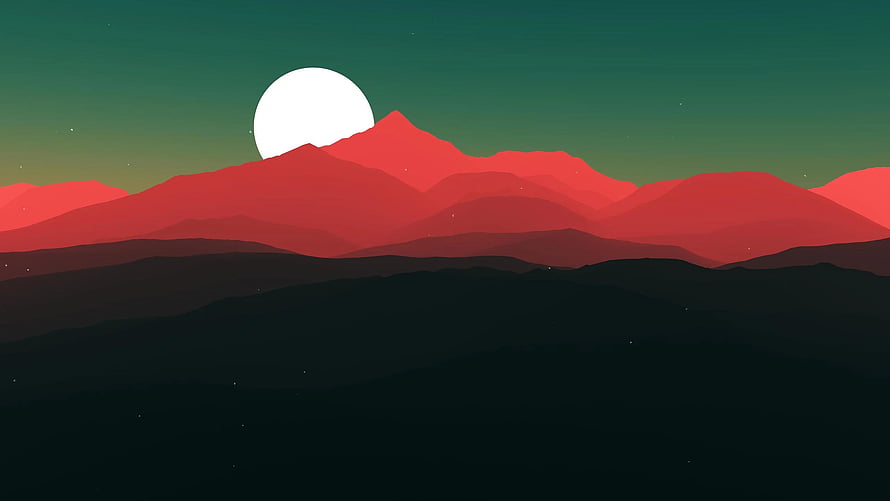 Minimalist Red Mountain Range with Full Moon and Dark Foreground HD wallpaper