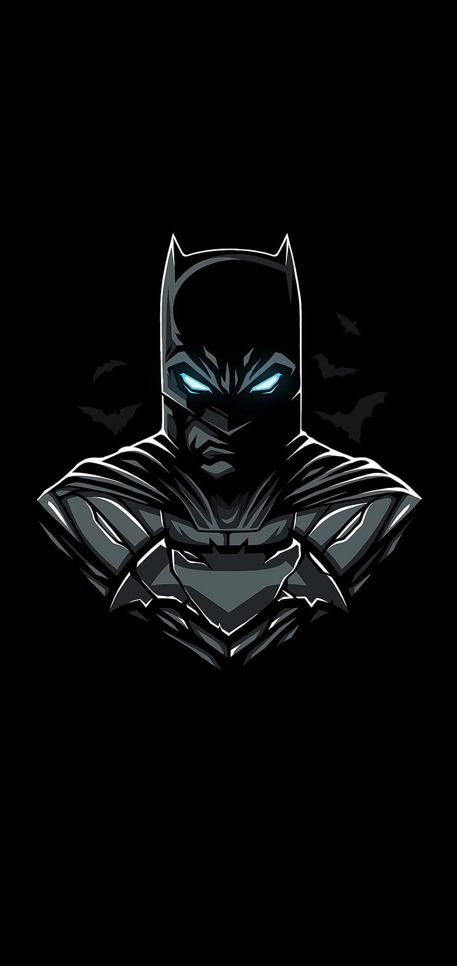 Batman Minimalist Portrait with Glowing Blue Eyes and Dark Bats Silhouette, Batman Minimalist, Batman Portrait HD phone wallpaper