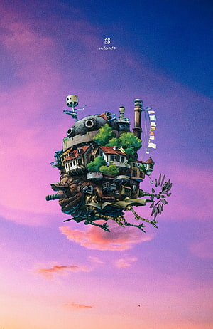 Howl's Moving Castle Floating in a Dreamy Pastel Sky HD phone wallpaper
