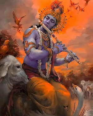 Lord Krishna Playing Flute With Peacock Feather Crown And Cows HD phone wallpaper