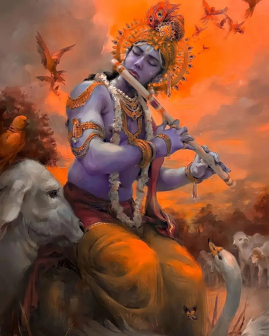 Lord Krishna Playing Flute With Peacock Feather Crown And Cows HD phone wallpaper