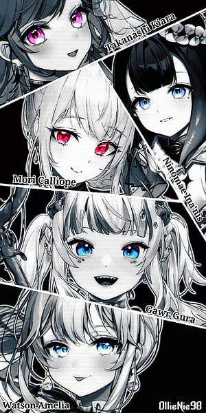 Hololive EN VTuber Group Portrait Featuring Calliope, Kiara, Amelia, Inanis, and Gura HD phone wallpaper