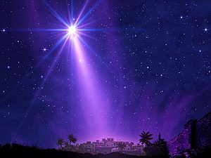 Star of Bethlehem Over Ancient Town with Palm Trees Under Purple Night Sky HD wallpaper