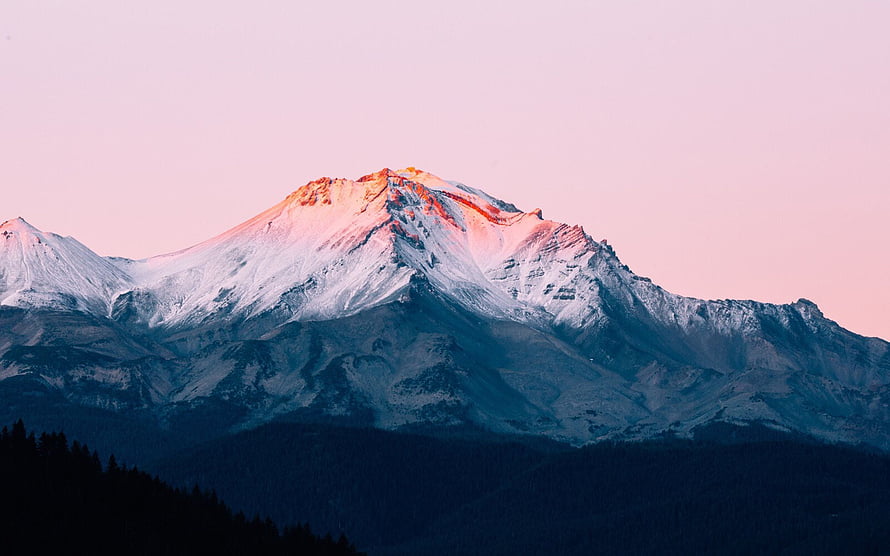 Snow-Capped Mountain Peak Glowing Pink at Sunset with Dark Forest Foreground HD wallpaper