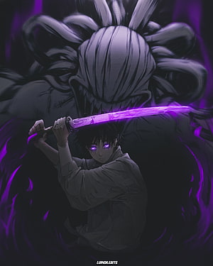 Yuji Itadori wielding a glowing purple sword with Sukuna's shadow looming behind HD phone wallpaper