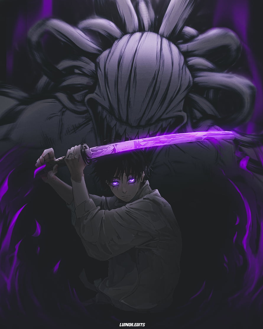 Yuji Itadori wielding a glowing purple sword with Sukuna's shadow looming behind HD phone wallpaper