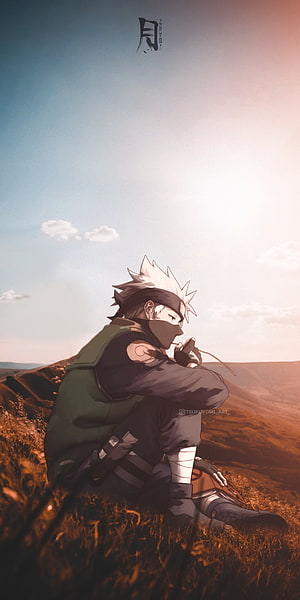 Kakashi Hatake sitting on a grassy hill at sunset, anime wallpaper HD phone wallpaper