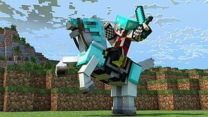 Minecraft Character Riding Diamond Armored Horse With Sword HD wallpaper