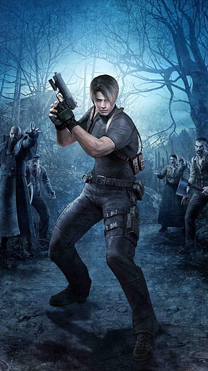 Leon S. Kennedy aiming pistol at zombies in dark forest from Resident Evil 4 HD phone wallpaper