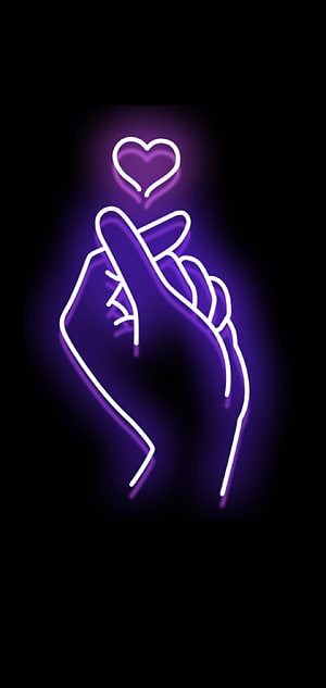 Purple Neon Finger Heart Hand Gesture With Glowing Heart Symbol On Black Background HD phone wallpaper