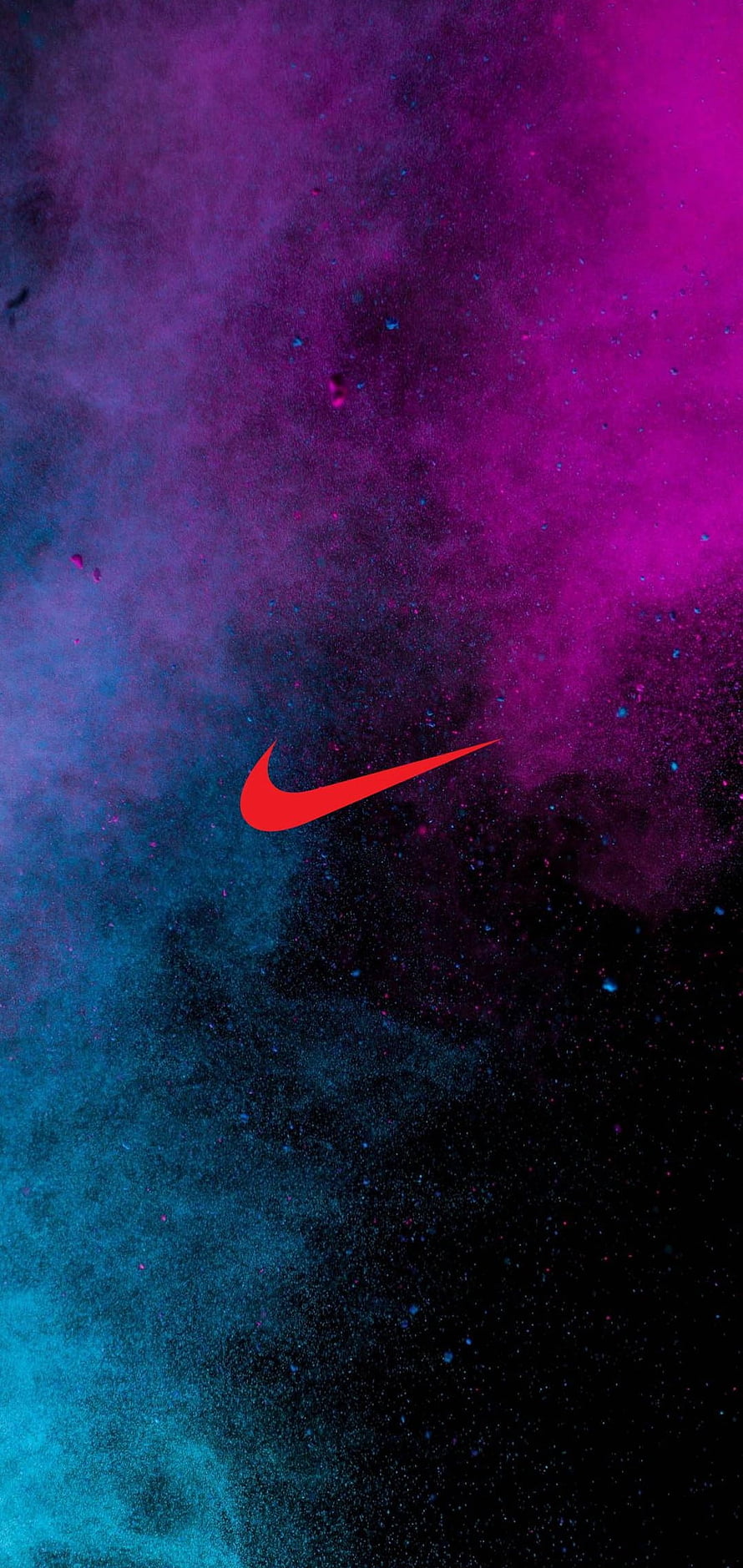 Nike Swoosh Logo on Vibrant Purple and Blue Powder Explosion Background HD phone wallpaper