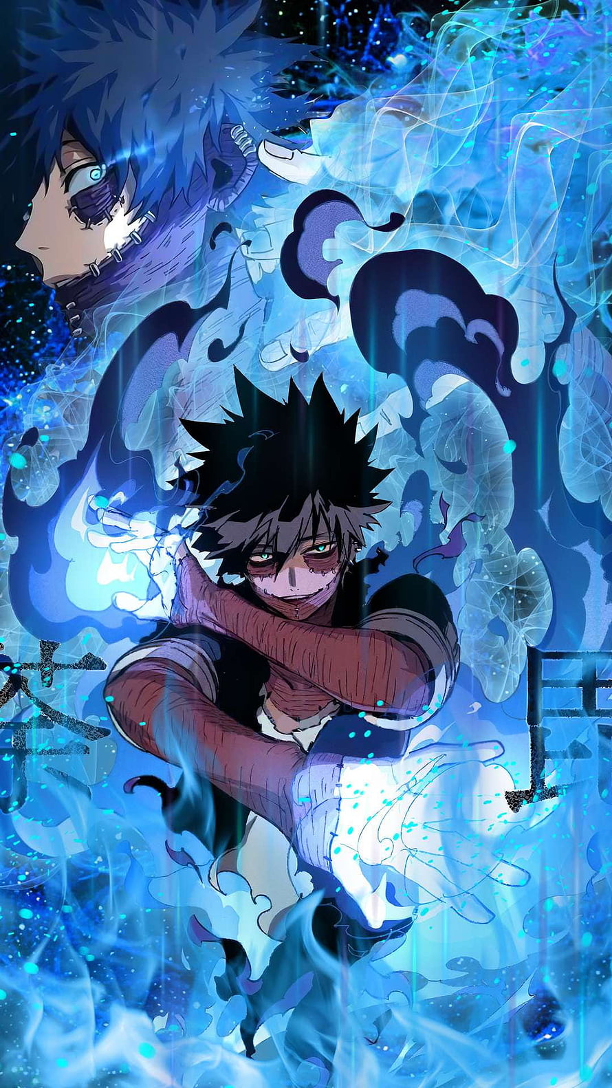 Dabi Anime Character with Blue Flame Aura and Intense Expression HD phone wallpaper