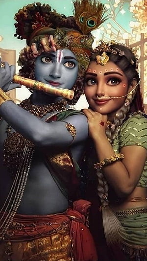 Radha Krishna Digital Art Wallpaper - Blue Skinned God Playing Flute With Peacock Feather Crown HD phone wallpaper