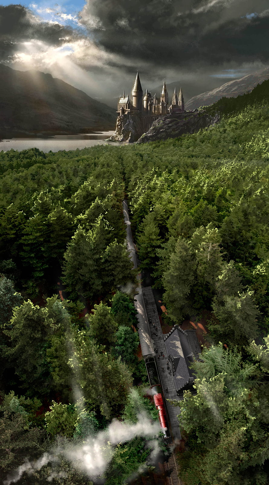 Hogwarts Castle and Hogsmeade Village with the Hogwarts Express Train HD phone wallpaper