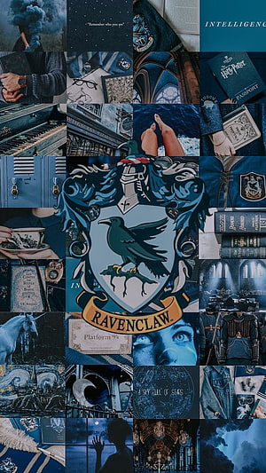 Ravenclaw House Aesthetic Collage Featuring Harry Potter Crest, Books, and Magical Imagery HD phone wallpaper