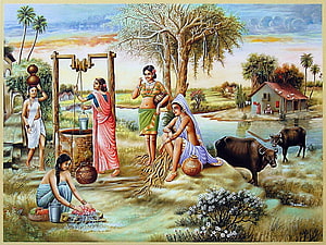 Traditional Indian Village Life Painting With Women, Cows, And Rural Landscape HD wallpaper