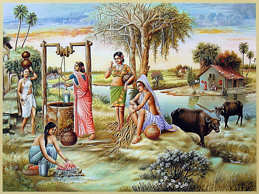 Traditional Indian Village Life Painting With Women, Cows, And Rural Landscape HD wallpaper