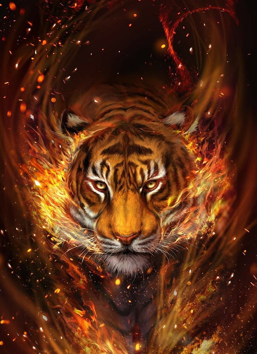 Fierce Tiger Head Surrounded by Swirling Flames and Glowing Embers Digital Art HD phone wallpaper