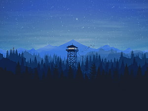 Illuminated Fire Tower in Snowy Pine Forest at Night with Distant Mountains HD wallpaper