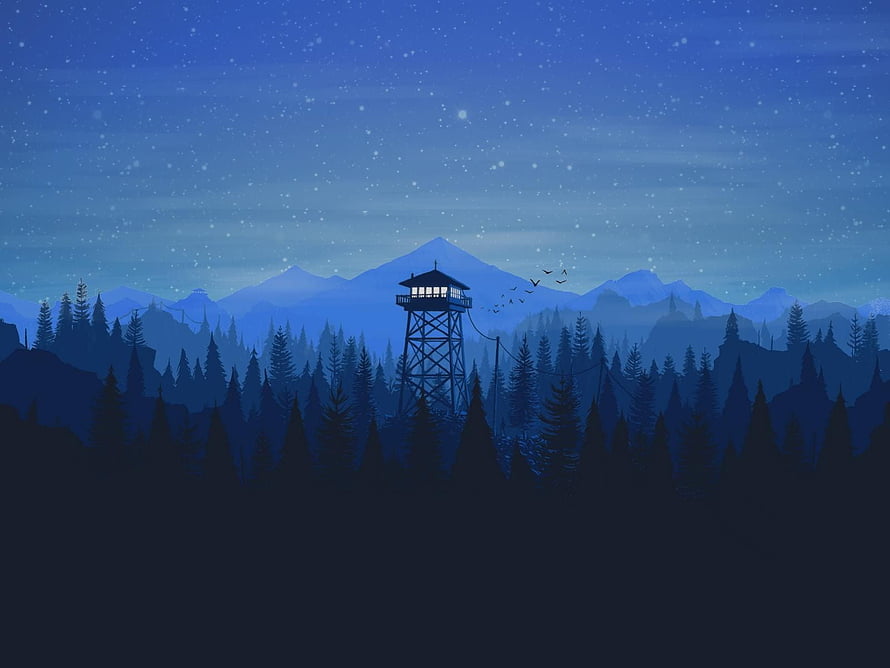 Illuminated Fire Tower in Snowy Pine Forest at Night with Distant Mountains HD wallpaper