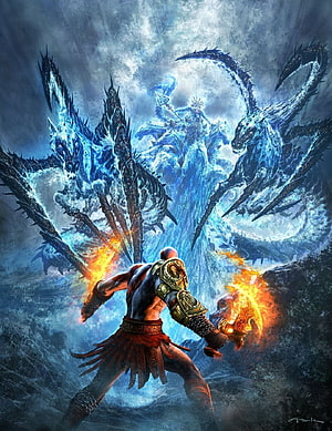 Kratos Confronts Poseidon in Epic God of War Fantasy Battle Artwork HD phone wallpaper