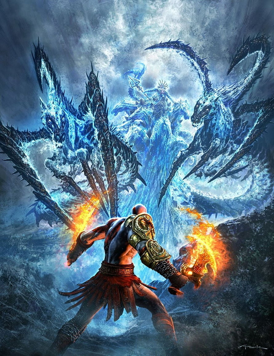 Kratos Confronts Poseidon in Epic God of War Fantasy Battle Artwork HD phone wallpaper